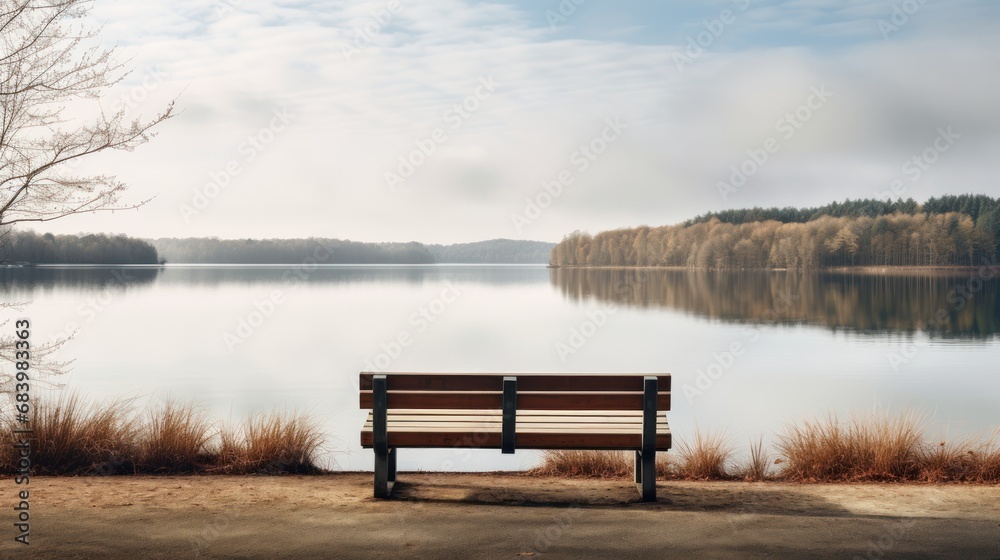  a bench sitting in front of a body of water with a tree in the foreground and a body of water in the background.