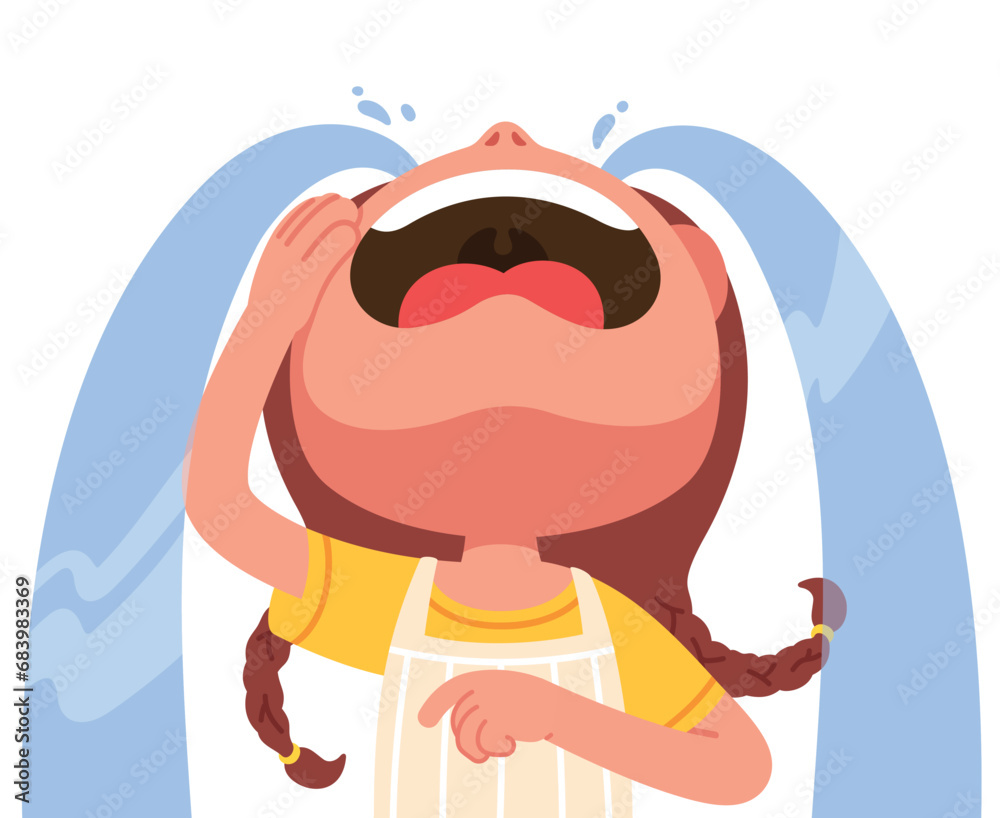 Funny girl child cartoon character crying. Cute sad emotional little girl kid person weeping screaming with flowing tears. Comic emotion expression, sadness caricature concept flat vector illustration Funny girl child cartoon character crying. Cute sad emotional little girl kid person weeping screaming with flowing tears. Comic emotion expression, sadness caricature concept flat vector illustration