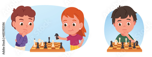 Boy and girl kids playing chess board game set. Children persons playing together moving chess piece, thinking, having competition fun. Leisure hobby, education, intelligence flat vector illustration