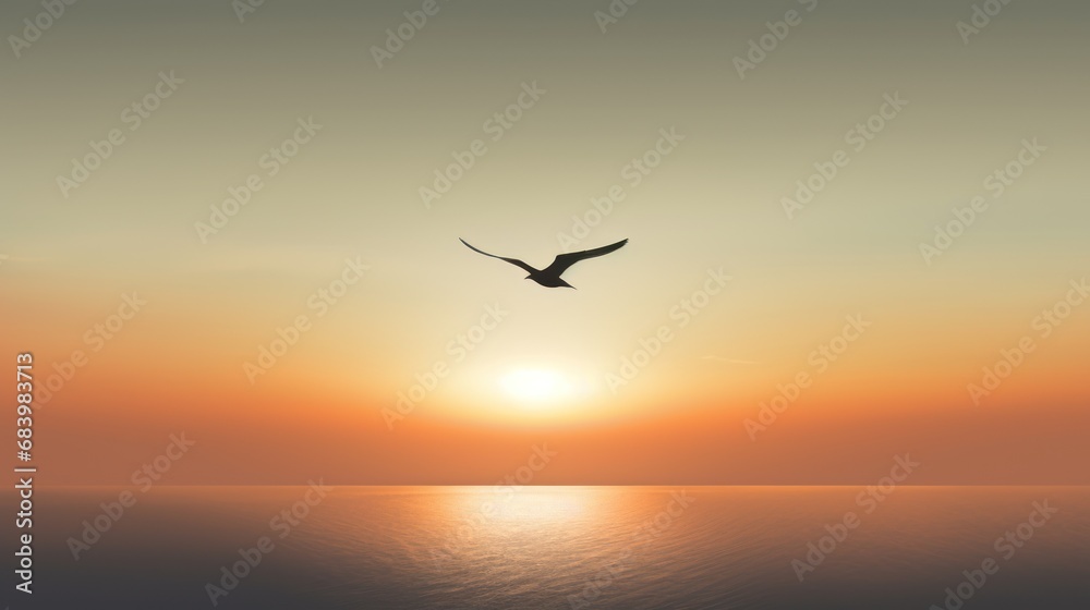  a bird flying over a body of water with the sun setting in the background and a bird flying over the water with the sun setting in the background.