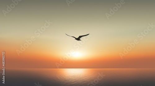 a bird flying over a body of water with the sun setting in the background and a bird flying over the water with the sun setting in the background.