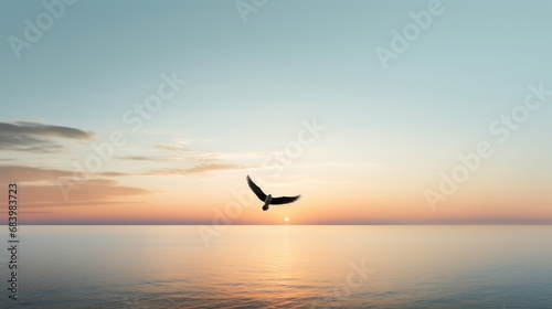  a bird flying over a body of water with the sun setting in the distance in the distance in the distance is a body of water with a large body of water and a bird in the foreground. © Olga