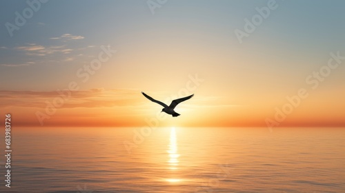  a bird flying over a body of water with the sun setting in the sky above the water and behind it is a large body of water with a bird flying in the foreground. © Olga