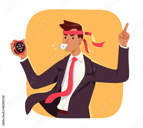 Business team leader man working. Businessman manager person cartoon character with whistle and timer leading and motivating employees teamwork. Leadership, motivation concept flat vector illustration
