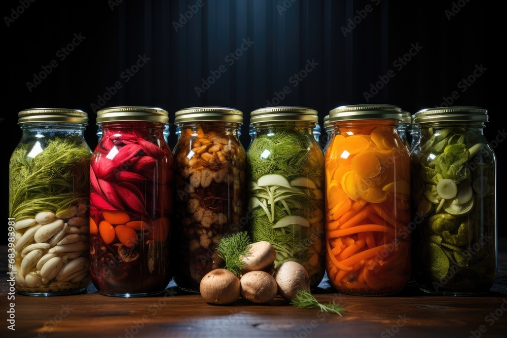 Autumn seasonal pickled or fermented vegetables in jars placed in row over vintage kitchen drawer, copy space. Fall home food preservation and canning Autumn seasonal pickled or fermented vegetables in jars placed in row over vintage kitchen drawer, copy space. Fall home food preservation and canning