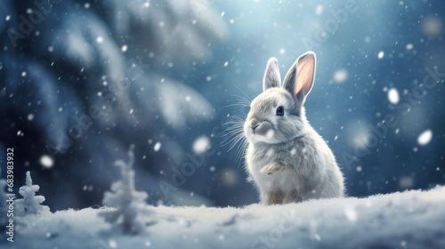  a rabbit is sitting in the snow in front of a dark background with snow flakes and snow flakes.