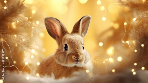  a close up of a rabbit in front of a blurry background with lights and a boke of lights.