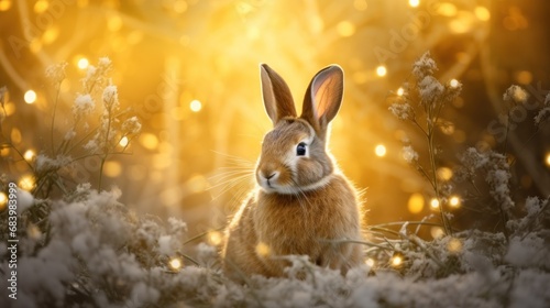  a rabbit is sitting in the snow in front of a bright background with snow flakes and lights on it.