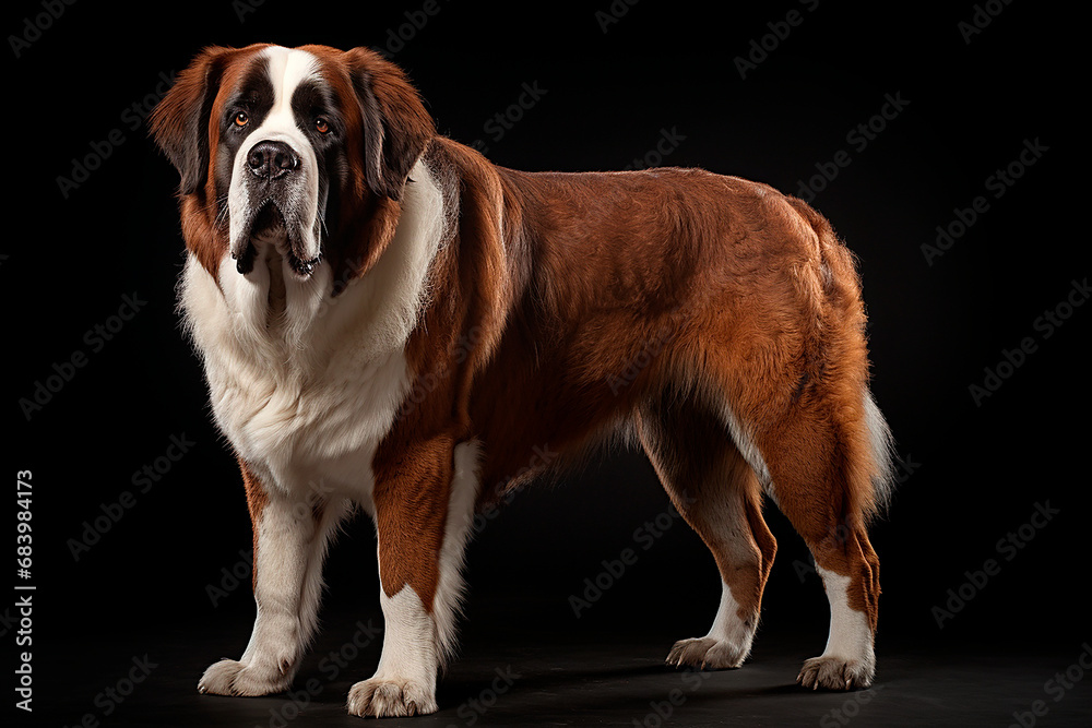 Saint Bernard dog standing on a black background. Animal left-side portrait. Saint Bernard dog standing on a black background. Animal left-side portrait.