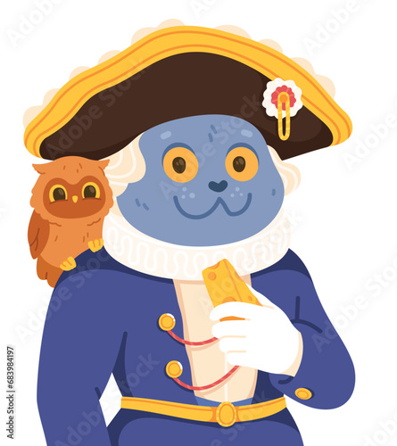 Funny cat character in Napoleon costume and hat. Cute emperor cat animal with owl bird on shoulder and holding cheese. Weird historical cartoon character portrait concept flat vector illustration