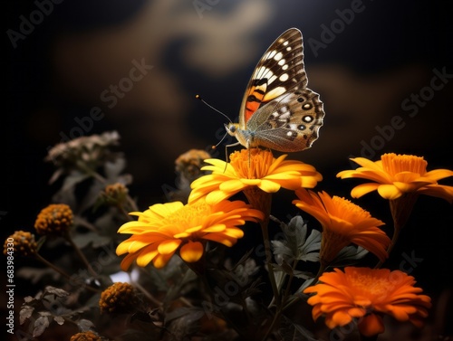 Exquisite Capture: A Stunning Brown and Orange Butterfly Rests on an Orange Blossom Generative AI © monsifdx