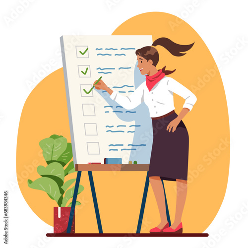 Business woman checking off tasks in checklist. Businesswoman person working writing check marks on plan form on whiteboard in office. Management, achievement concept flat vector illustration