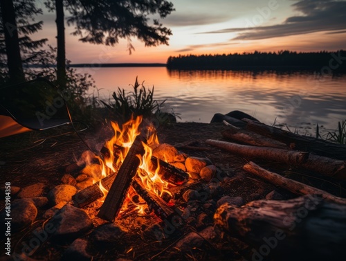 Mesmerizing Sunset by the Lakeside Campfire - Unwind with Nature's Splendor Generative AI