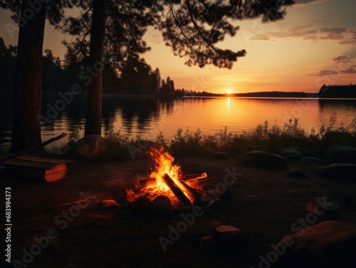 Enchanting Sunset by the Lake: An Evening by the Campfire Generative AI