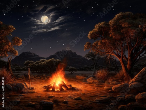 Marvel at the Cosmic Dance: Milky Way & Stars Over a Serene Campfire Generative AI