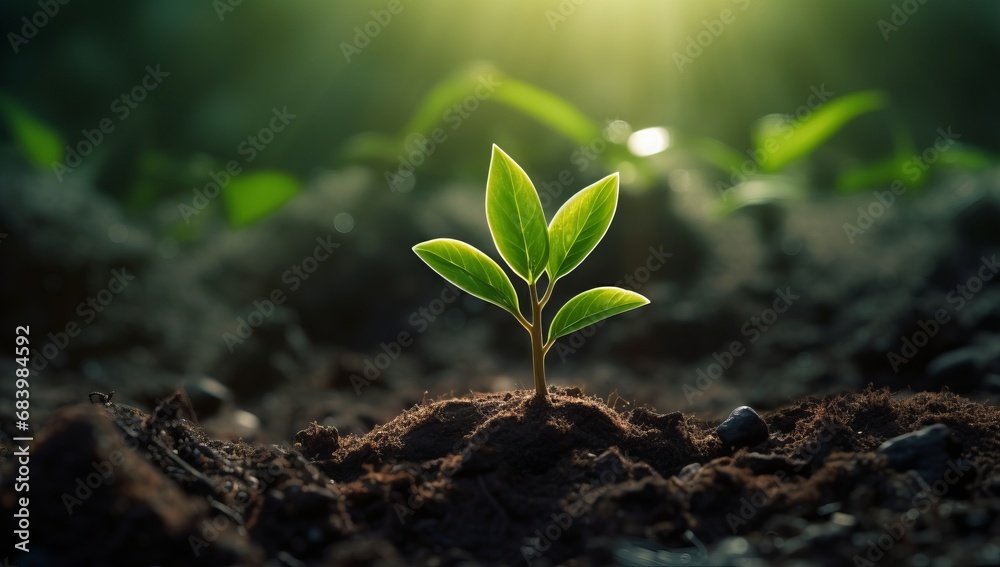 Fototapeta premium Emerging Life: A Close-Up of a Lush Green Plant's Astonishing Growth Journey Generative AI