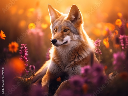 Stunning Solitude: A Coyote's Peaceful Respite Amidst A Field Of Blooming Serenity Generative AI