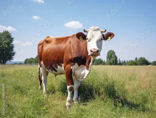 Captivating Serenity  An Exquisite Snapshot of a Lone Cow Grazing in a Verdant Field Generative AI