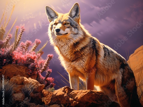 Stunning Sundrenched Capture: A Coyote Embraces the Dawn's Warmth Generative AI