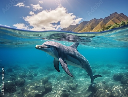 Exquisite Underwater Voyage: Captivating Snapshot of a Dolphin in Clear Seawater! Generative AI © monsifdx
