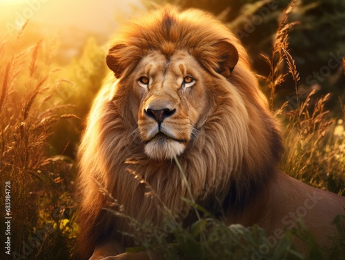 Encounter with a Majestic King: A Closer Look at a Magnificent Lion in His Natural Habitat Generative AI photo