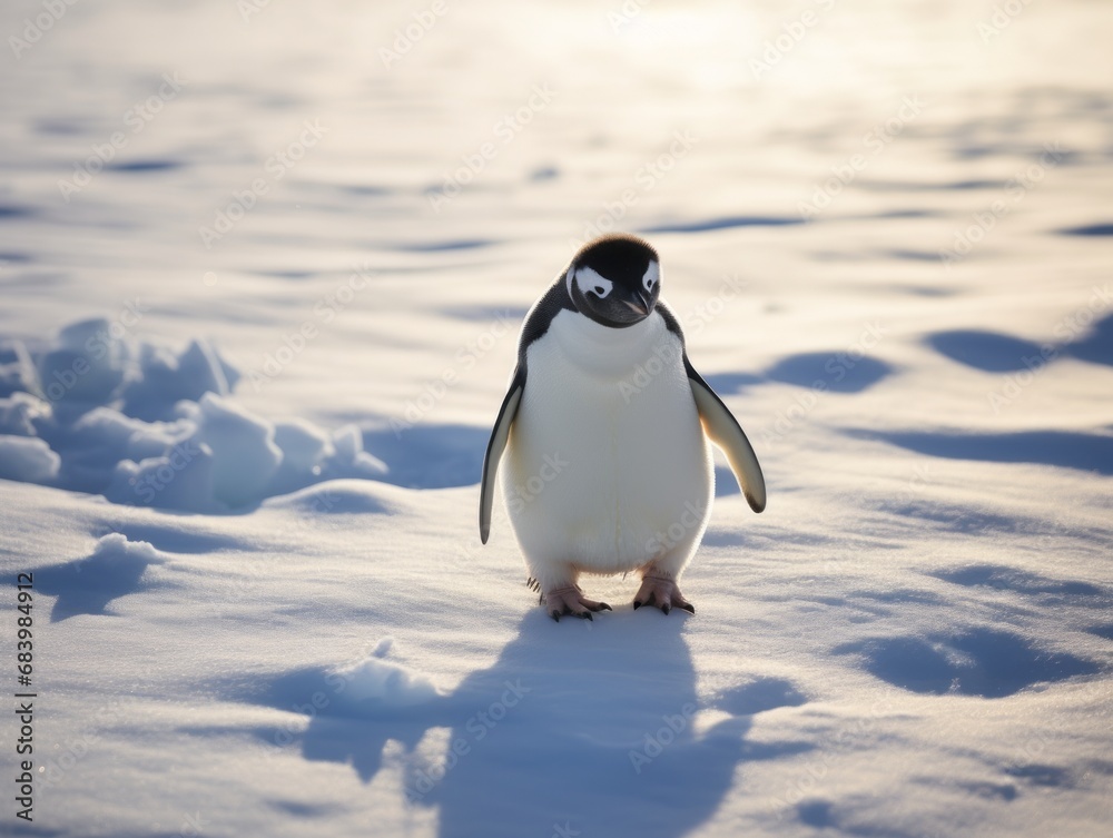 Encounter With the Antarctic Lone Ranger: A Majestic Penguin's Snow Walk Generative AI