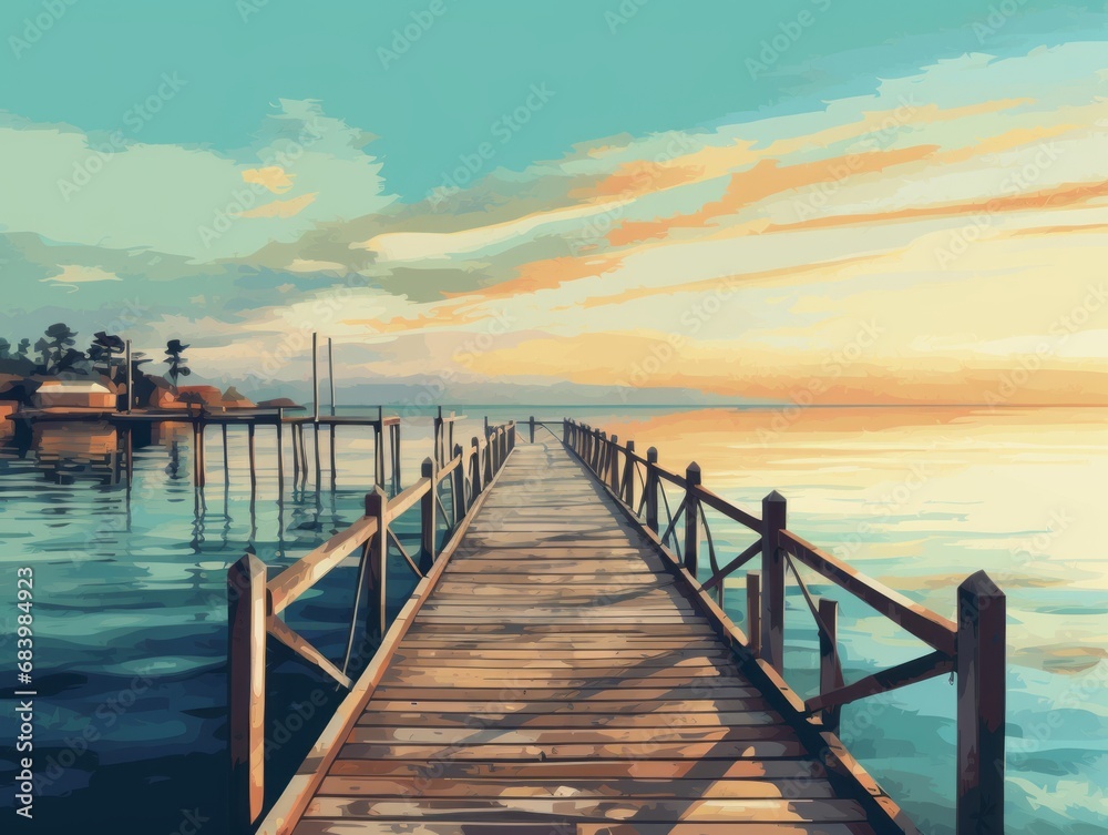Sunny Serenity: The Captivating Journey Across a Lakeside Pier Generative AI