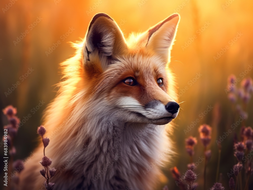 Fototapeta premium Spectacular Sundown: Striking Snapshot of a Crimson Fox Amidst Verdant Grass Generative AI