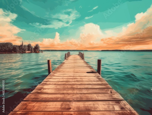 Sun-Kissed Tranquility: The Majestic Pier Extending Across A Serene Lake Generative AI