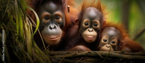 In the lush tropical jungle, a family of orangutans embarked on a travel adventure, their cute baby clinging onto its mother's back as they swung from tree to tree, immersing themselves in the wild