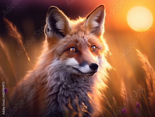 Sunset Serenade: A Lone Red Fox's Stunning Pose in Wild Grasslands Generative AI