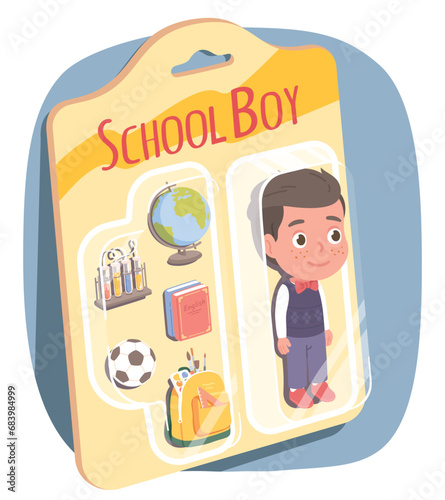 School boy toy set in blister card packaging. Toy schoolboy kid and backpack, ball, books accessories in plastic pack. Child game activity, childhood development, education flat vector illustration