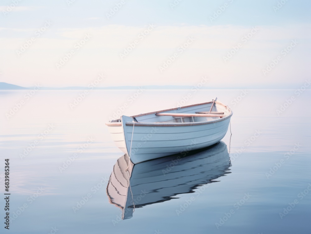 Naklejka premium Majestic Solitude: Discover the Serenity of a Lone Rowboat Adrift in Tranquil Waters Generative AI