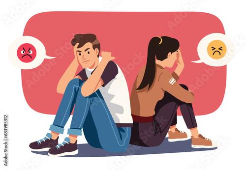 Unhappy man and woman couple conflict problem. Angry husband man and sad wife woman person in quarrel sitting back to back. Family relationship crisis, divorce concept flat vector illustration
