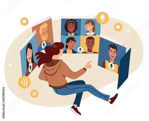 Woman having virtual video conference call. Diverse colleagues business team or friends persons talking meeting by online chat in cyberspace. Distance communication concept flat vector illustration