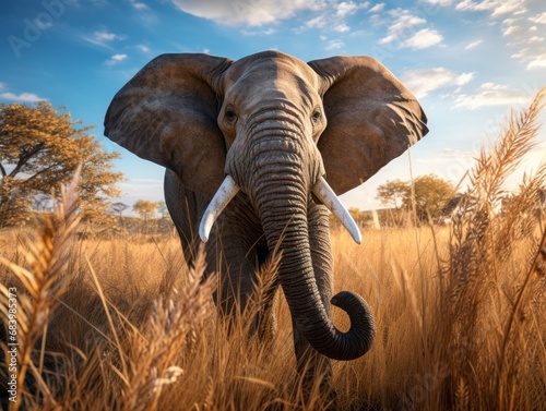 Wild Elephant's Majestic Journey Through Sun-Kissed Savannah: A Photo Revelation! Generative AI