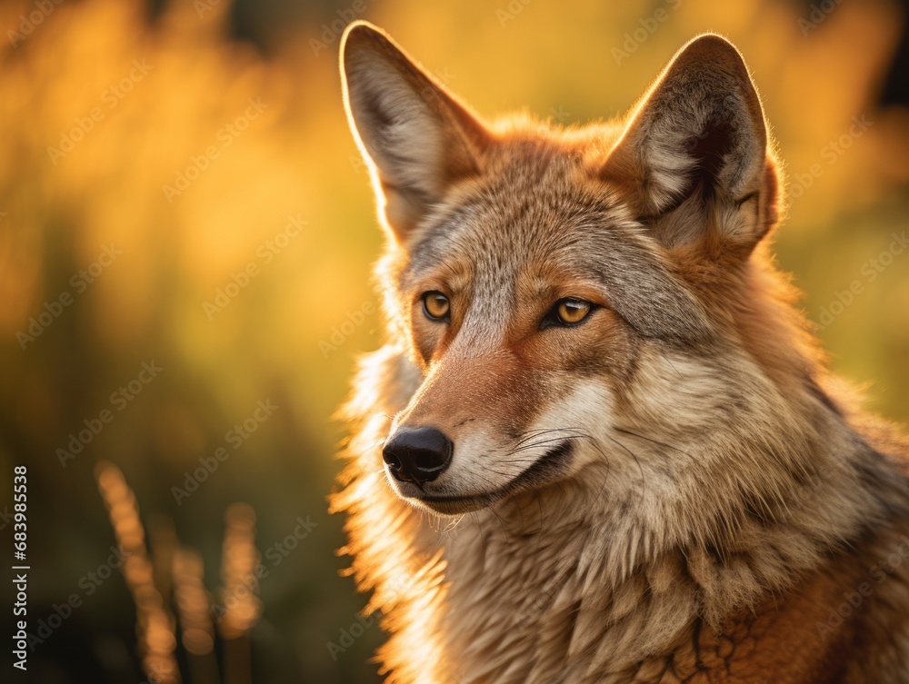 Obraz premium Stunning Capture: Majestic Coyote Bathed in Golden Sunlight Generative AI