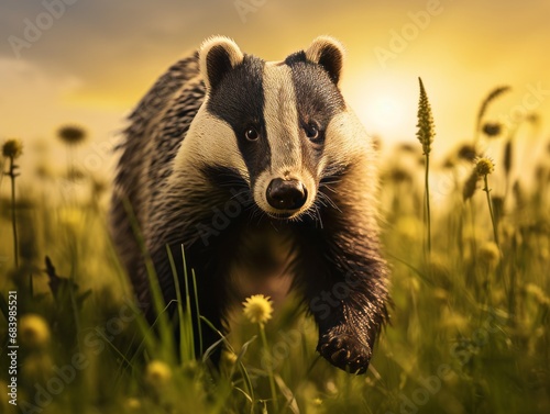 Mystical Dusk: An Intriguing Encounter with a Badger in a Meadow Generative AI