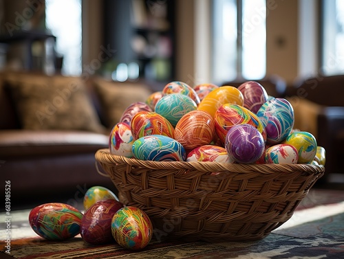 Experience the Magic of Easter: A Glorious Display of Basketfuls of Eggs in a Homely Setting Generative AI photo