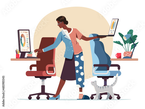 Person working at hybrid office, remote workplace. Split business woman employee person work on computer online at home and at desk in office. Flexible job location concept flat vector illustration photo