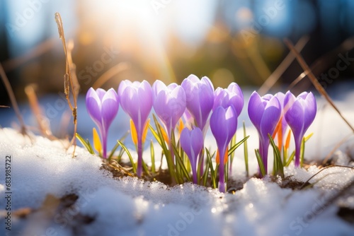 Stunning Glimpse: Blue Crocuses Blossoming Against a Snowy Backdrop under Sunlight Generative AI