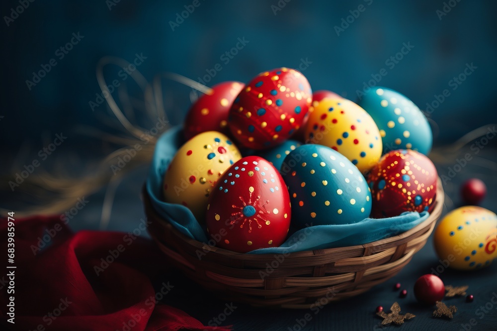 Experience the Vibrant Allure of Easter: Unveiling Spectacularly Colorful Eggs in a Dark Setting Generative AI