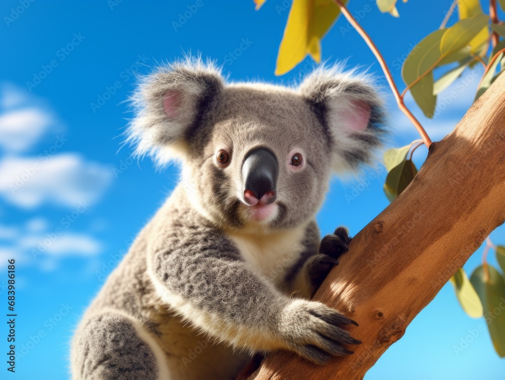 Fototapeta premium Adorable Koala Captivates from Treetop Sanctuary with Vibrant Orange Branches Generative AI