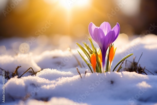 Captivating Display: Sunny Snowy Landscape Adorned with a Blooming Crocus - Ultimate Harmony of Spring & Winter! Generative AI © monsifdx