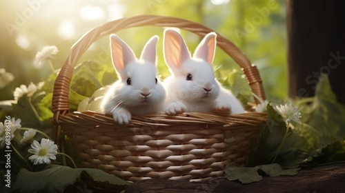 Adorable White Bunnies Lazing in Sunlight: A Dose of Pure Cuteness! Generative AI photo