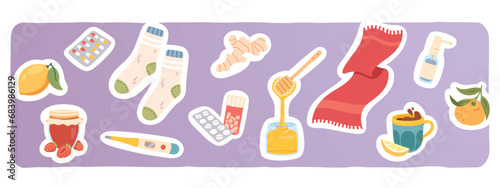 Flu and cold disease treatment stickers set. Medical spray, pills, drugs, thermometer, hot tea cup, warm scarf, lemon, honey. Medicine, influenza virus, health care collection flat vector illustration