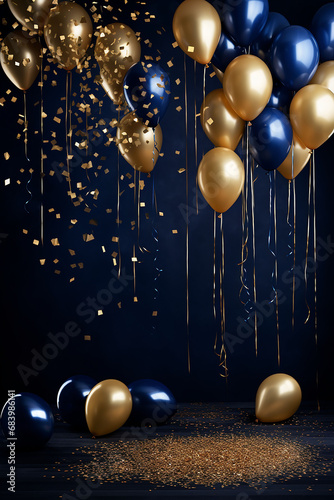 Birthday, new year celebration background. blue and gold balloons celebrate backdrop balloons. AI