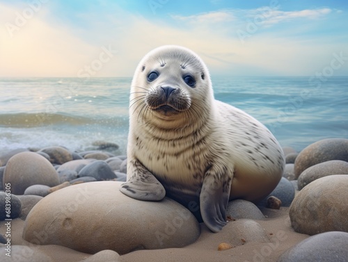 Unseen Captivation: An Enigmatic Siberian Seal Lounges on a Pristine Beach Generative AI