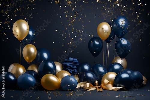 Birthday  new year celebration background. blue and gold balloons celebrate backdrop balloons. AI