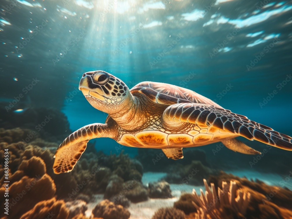 Obraz premium Explore the Majestic Journey of a Green Sea Turtle Across the Sun-Kissed Beach Generative AI